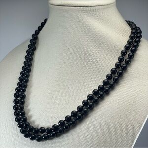 Stunning Unsigned Glass Black Pearl Beaded Knotted Single Strand Necklace